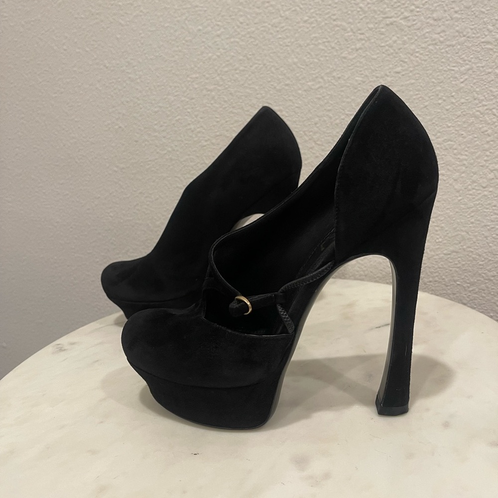 YSL Saint Laurent Black Suede Buckle Cut-Out Maryjane Platform Pumps - Picture 11 of 12